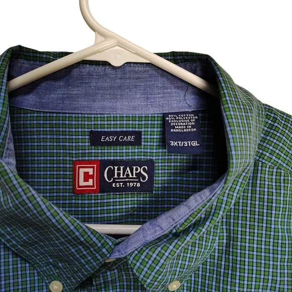 Chaps Mens 3XLT Easy Care Button-Down Green and Blue Plaid Long Sleeve Shirt - Picture 4 of 7